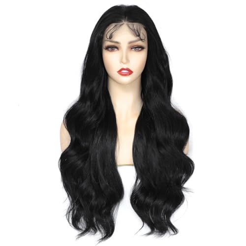 PARXITN Lace Front Perücke für Frauen Lange 71cm Schwarze Perücken Geschichtetes Haar Freier Teil Körperwelle Natürliche Hand-Tied 13x4 Lace Synthetische Perücke für den Täglichen Gebrauch von PARXITN