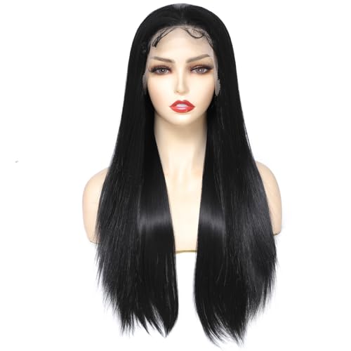 PARXITN Lace Front Perücke für Frauen lange 66cm Schwarze Perücken Geschichtetes Haar frei Teil Gerade Natürliche Hand-Tied 13x4 Lace Synthetische Perücke für den Täglichen Gebrauch von PARXITN