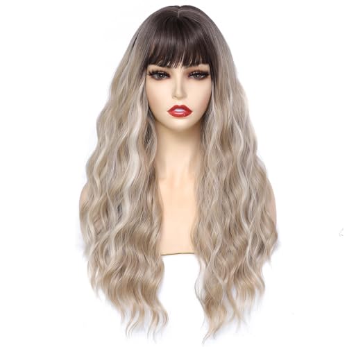 PARXITN Lange Perücken für Frauen mit Fransen 60cm Einstellbar Lockig Wellig Braun Ombre Blond Perücken Kunsthaarperücke Cosplay Täglichen Gebrauch PARXITN Lange Perücken für Frauen mit Fransen 60cm Einstellbar Lockig Wellig Braun Ombre Blond Perücken Kunsthaarperücke Cosplay Täglichen Gebrauch von PARXITN