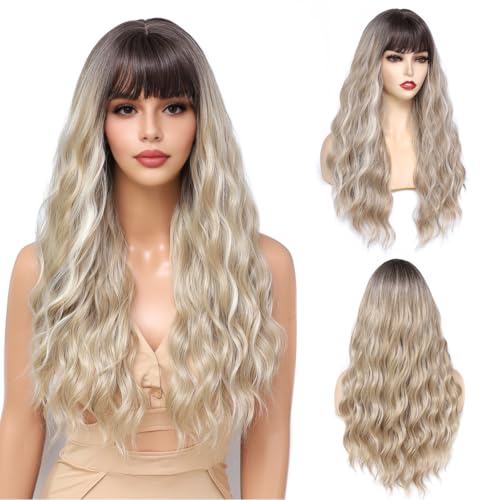 PARXITN Lange Perücken für Frauen mit Fransen 60cm Einstellbar Lockig Wellig Braun Ombre Blond Perücken Kunsthaarperücke Cosplay Täglichen Gebrauch von PARXITN