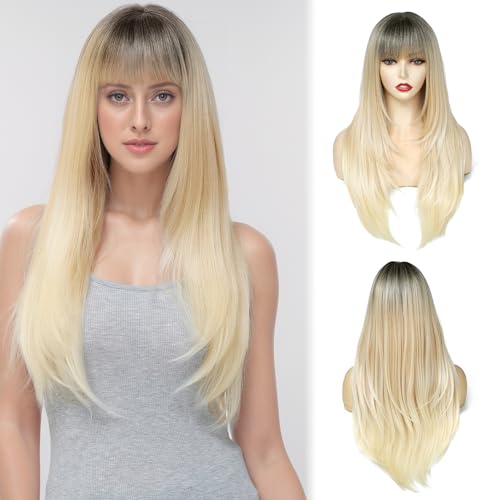 PARXITN Perücke für Frauen 60cm Lange Gerade Haar perücken mit Fransen Ombre Blond Mode Natürlich Aussehende Synthetische Haarperücke für Tägliche Party Tragen PARXITN Perücke für Frauen 60cm Lange Gerade Haar perücken mit Fransen Ombre Blond Mode Natürlich Aussehende Synthetische Haarperücke für Tägliche Party Tragen von PARXITN