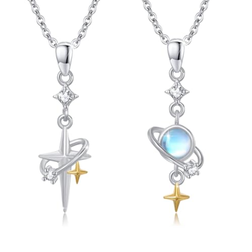 PARYFO Planet und Stern Halskette 925 Sterling Silber Mondstein Planet Halskette BFF Schmuck für Paar Freundschaft Mutter Tochter Mädchen, Sterling Silber von PARYFO