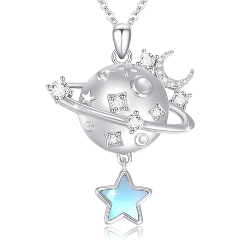 PARYFO Astronaut Planeten Halskette 925 Sterling Silber Mond Astronautin Kette Kosmonaut Anhänger mit Mondstein Spaceman Weltraum Schmuck Geschenke für Damen Frauen Jungen Mädchen von PARYFO