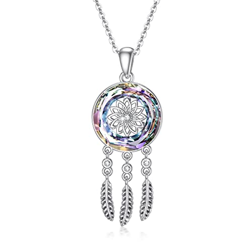 PARYFO Traumfänger Halskette 925 Sterling Silber Traumfänger Anhänger mit Kristall Feder Anhänger Traumfänger Schmuck Geschenke für Frauen Mädchen, Sterling Silber von PARYFO