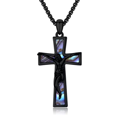 PARYFO Herren Kreuz Halskette 925 Sterling Silber Schwarz Jesus Kreuz Anhänger Halskette mit Abalone Muschel Kruzifix Halskette Kreuz Jesus Schutz Amulett Schmuck für Männer Christlich von PARYFO