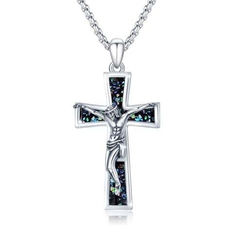 PARYFO Herren Kreuz Kette 925 Sterling Silber Jesus Kreuz Anhänger Halskette mit Abalone Muschel Kruzifix Halskette Kreuz Jesus Schutz Amulett Schmuck für Männer Christian von PARYFO