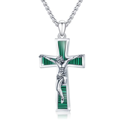 PARYFO Herren Kreuz Kette 925 Sterling Silber Jesus Kreuz Anhänger Halskette mit Malachit Kruzifix Halskette Kreuz Jesus Schutz Amulett Schmuck für Männer Christlich von PARYFO