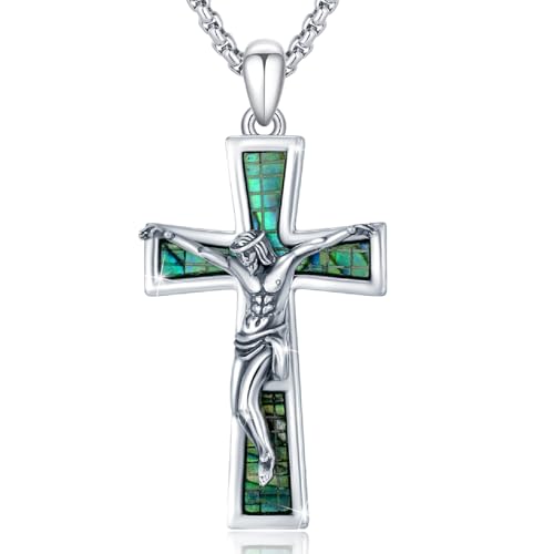 PARYFO Kreuz Halskette für Männer Frauen 925 Sterling Silber Abalone Muschel Kruzifix Jesus Kreuz Anhänger Heiliges Amulett Halskette Kreuz Religiöser Schmuck Geschenke von PARYFO