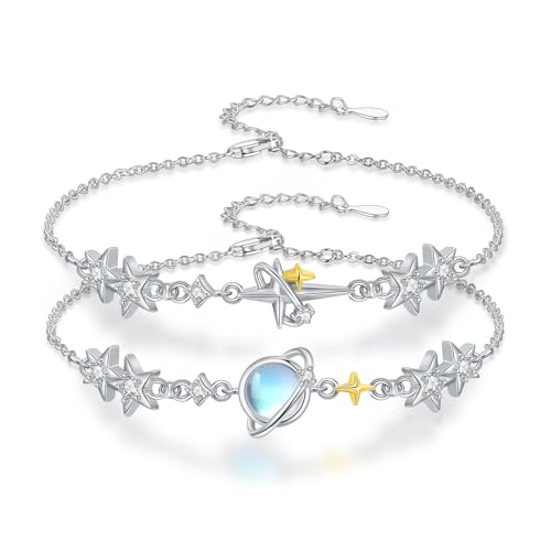 PARYFO Freundschaftsarmband für 2 mit Mondstein Planet Armband 925 Sterling Silber Verstellbar Freundschaftsarmbänder die Beste Freundin Partnerin Schwester Mädchen Sie von PARYFO