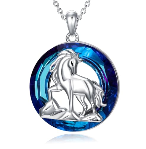 PARYFO Pferde Halskette 925 Sterling Silber Pferde Anhänger Blauem Kristall Pferde Kette für Mädchen und Frauen von PARYFO