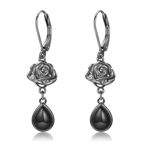 PARYFO Schwarze Rose Ohrringe 925 Sterling Silber Rose Baumeln Tropfen Ohrringe mit Schwarzer Onyx Schwarz Ohrring Schmuck Geschenke für Damen Mädchen von PARYFO