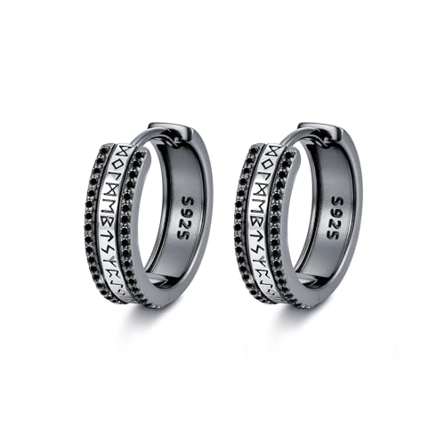 PARYFO Wikinger Rune Ohrringe für Männer 925 Sterling Silber Retro Rune Creolen Ohrringe Schwarz Wikinger Huggie Schmuck Geschenke für Männer Frauen Jungen von PARYFO