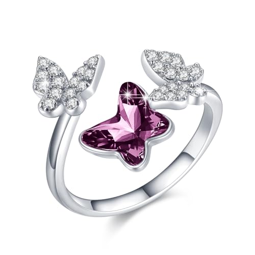 PARYFO Schmetterling Ring 925 Sterling Silber Einstellbare offene Ringe mit Kristall Schmetterling Ringe Weihnachten Geburtstag Geschenke für Frauen Mädchen mit Geschenk-Box, Sterling Silber von PARYFO