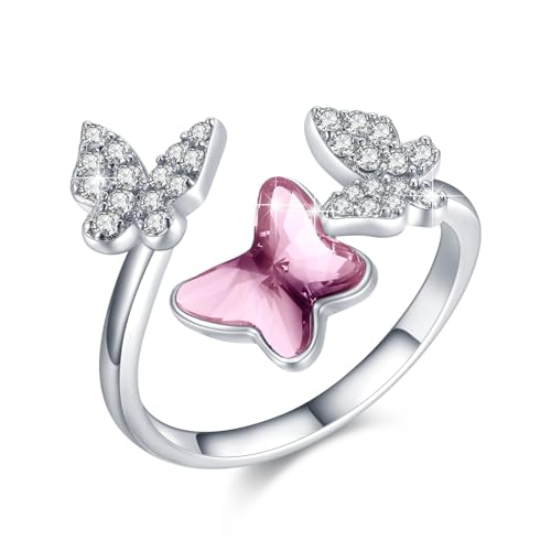PARYFO Schmetterling Ring 925 Sterling Silber Offene Ringe mit Kristall Schmetterling Ringe Weihnachten Geburtstag Geschenke für Frauen Mädchen, Sterling Silber (Rosa Kristall ) von PARYFO
