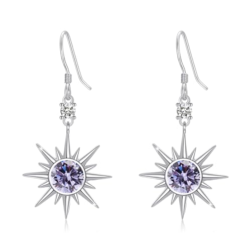 PARYFO Stern Ohrringe 925 Sterling Silber - Achtzackige Sonnen-Ohrringe Mit Lila Zirkon - Schmuck Geschenke für Frauen Mädchen von PARYFO