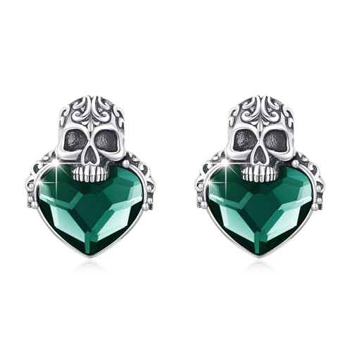PARYFO Totenkopf Ohrringe 925 Sterling Silber Totenkopf Ohrstecker mit Grünem Kristall Totenköpfe Goth Schmuck Geschenke für Männer Frauen Mädchen von PARYFO