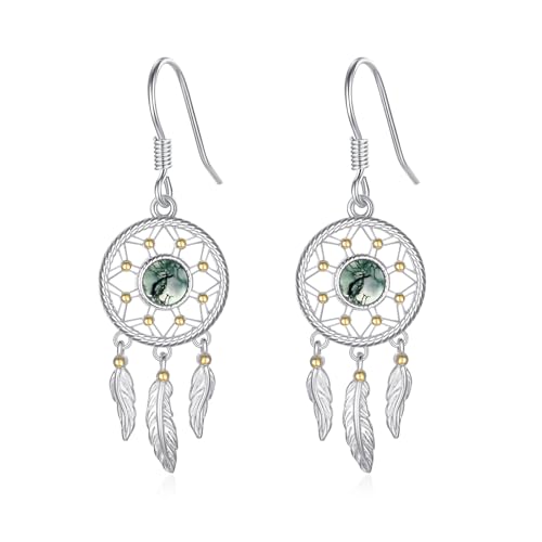 PARYFO Traumfänger Ohrringe 925 Sterling Silber Traumfänger Hänge Ohrring mit Moos Feder Ohrringe Traumfänger Schmuck Geschenke für Frauen Mädchen, Sterling Silber von PARYFO