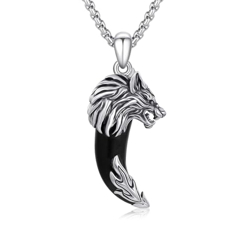 PARYFO Wolf Kette Wikinger Wolfszahn Halskette mit Kristall Nordisch Amulett Kette Silber 925 Herren Damen Männer Frauen Wikinger Wolf Wolfskopf Talisman Anhänger Wikinger Nordischer Fenrir Schmuck von PARYFO