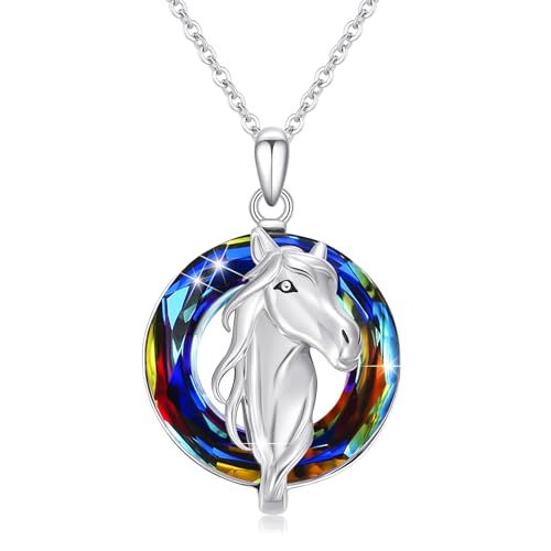 PARYFO Pferd Halskette 925 Sterling Silber mit blauem Kristall Pferd Anhänger Kette Tier Pferd Schmuck Geschenke für Frauen Teen Mädchen, Sterling Silber(lila) von PARYFO