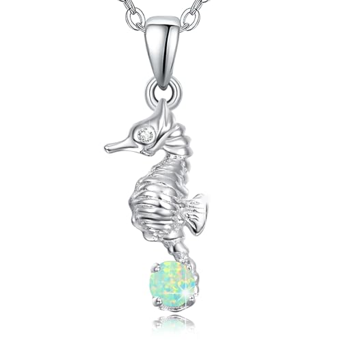 PARYFO Seepferdchen Halskette 925 Sterling Silber Opal Seepferdchen Anhänger Kette Seepferdchen Ozean Schmuck Geschenk für Frauen Mädchen, Sterling Silber (Grüner Opal) von PARYFO