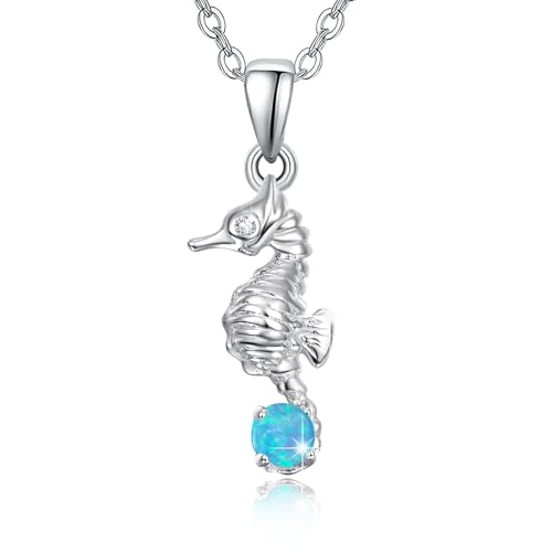 PARYFO Seepferdchen Halskette für Frauen Mädchen 925 Sterling Silber Mondstein Anhänger Halsketten Zierlich Niedlich Seepferdchen Tierschmuck Geburtstag Graduierung Geschenk(Blauer Opal) von PARYFO