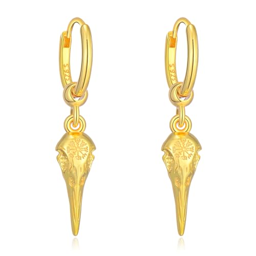 PARYFO Wikinger Ohrringe 925 Sterling Silber Rabe Hängeohrringe Rabe Totenkopf Ohrringe Vergoldet Nordischer Wikinger Runen Schmuck Geschenke für Unisex, Sterling Silber von PARYFO