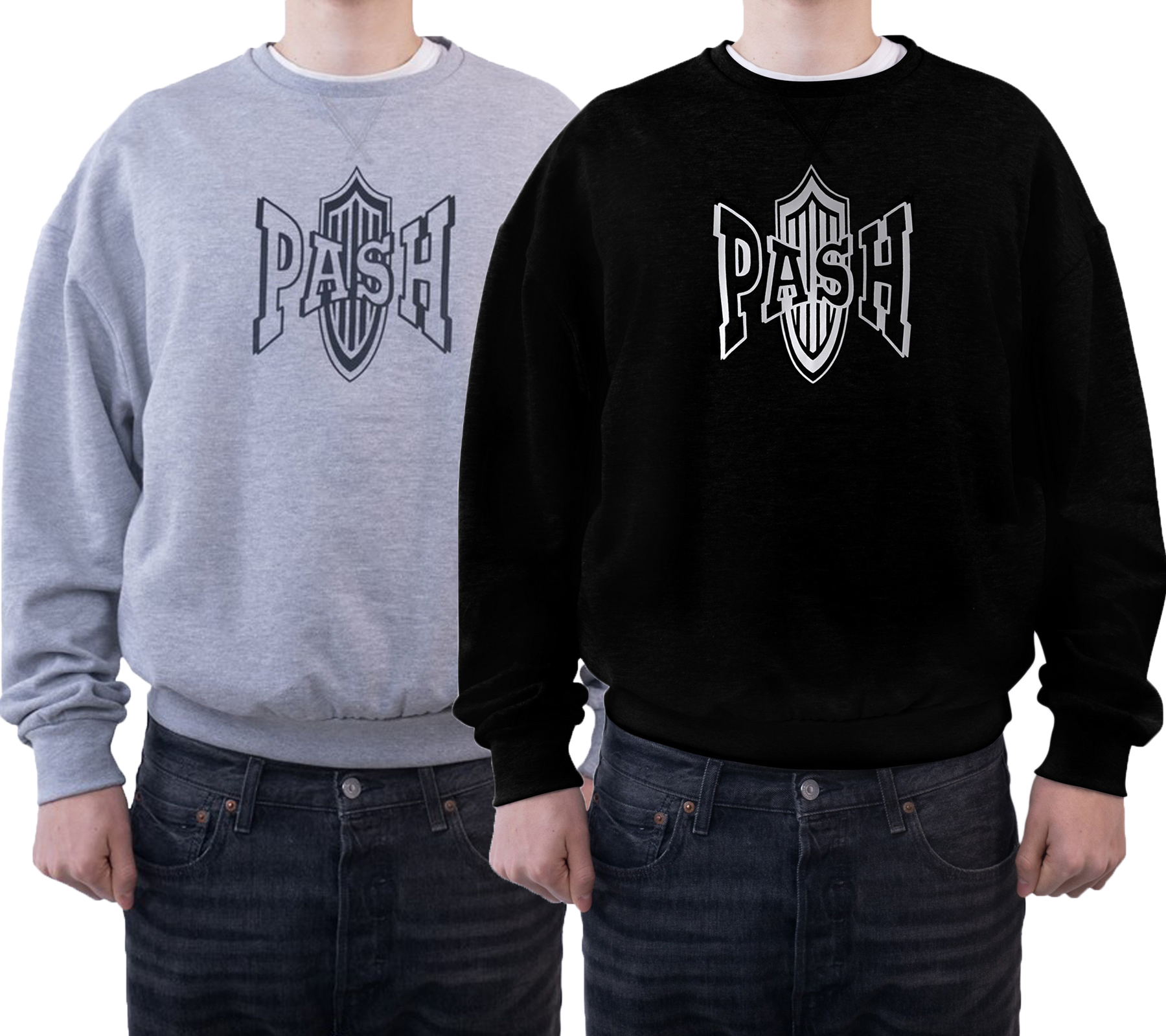 PASH Logo Classic Sweat Herren Rundhals-Pullover mit großem Marken-Print PASR001 Grau oder Schwarz von PASH