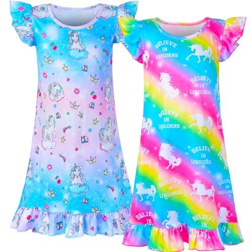 PASHOP 2 Stück Nachthemd Mädchen, Weicher Nachthemden für Mädchen, Schlafkleid für Täglichen Schlaf, Pyjama-Party, Urlaub (Blau+Regenbogen, 6-7 Years) von PASHOP