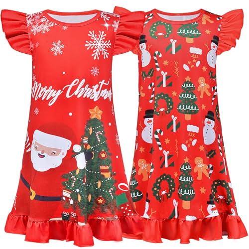 PASHOP 2 Stück Nachthemden Mädchen, Prinzessin Nachthemden für Mädchen, Fliegende Ärmel Kinder Schlafanzug Mädchen (ChristmasA, 6-7 Years) von PASHOP