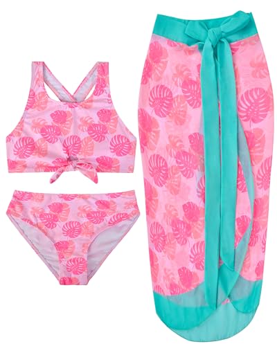 PASHOP Bikini Mädchen 3er Set, Resort-Stil Badeanzug Mädchen Strände Langer Rock Badeanzüge für Schwimmen, Sommerparty, Wasserparks, Urlaub (DE/NL/SE/PL, Alter, 8 Jahre, Regular, Blätter) von PASHOP