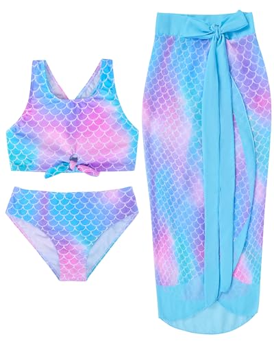 PASHOP Bikini Mädchen 3er Set, Resort-Stil Badeanzug Mädchen Strände Langer Rock Badeanzüge für Schwimmen, Sommerparty, Wasserparks, Urlaub (DE/NL/SE/PL, Alter, 8 Jahre, Regular, Fischschuppen) von PASHOP