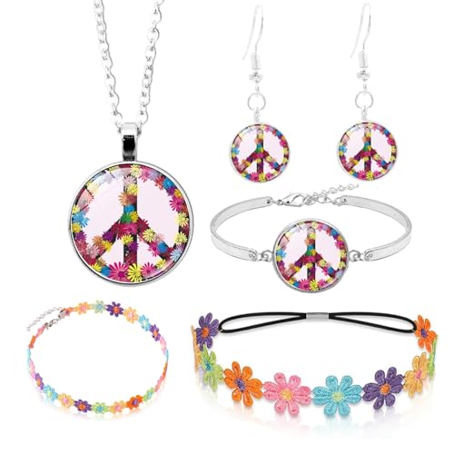 PASLFC Hippie Kostüm Set,5 Stück Hippie Kostüm Damen Accessoires,70er hippie flower power accessoires,Peace Kette Und Ohrring,60er 70er Jahre Bekleidung,Motto Party Halloween Fasching Karneval von PASLFC