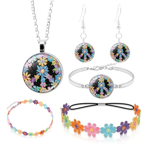 PASLFC Hippie Kostüm Set,5 Stück Hippie Kostüm Damen Accessoires,70er hippie flower power accessoires,Peace Kette Und Ohrring,60er 70er Jahre Bekleidung,Motto Party Halloween Fasching Karneval von PASLFC
