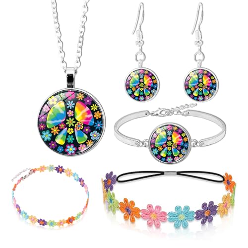 PASLFC Hippie Kostüm Set,5 Stück Hippie Kostüm Damen Accessoires,70er hippie flower power accessoires,Peace Kette Und Ohrring,60er 70er Jahre Bekleidung,Motto Party Halloween Fasching Karneval von PASLFC