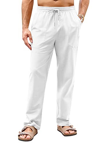 PASLTER Herren Baumwolle Leinen Hose Elastische Taille Kordelzug Freizeithose Leichte Gerade Beine Lose Strand Yoga Hose, Weiss/opulenter Garten, Groß von PASLTER