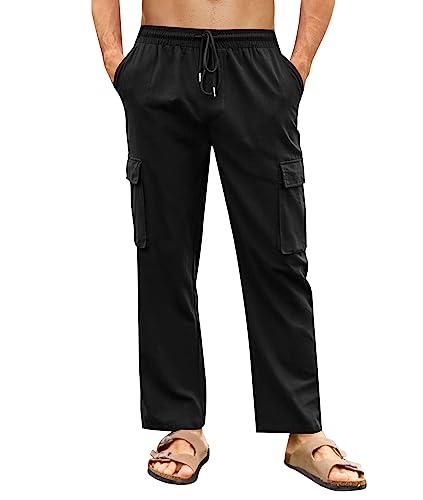 PASLTER Herren-Cargohose aus Leinen, lockere Passform, gerades Bein, elastischer Kordelzug, Taille, Sommer, Strand, lange Hose mit Taschen, A-Schwarz, Groß von PASLTER