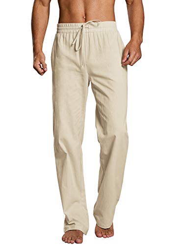 PASLTER Lässige Herren-Hose aus Leinen, lockere Passform, gerade Beine, elastischer Kordelzug, Taille, Sommer, Strand, Yoga, lange Hose, B-khaki, X-Groß von PASLTER