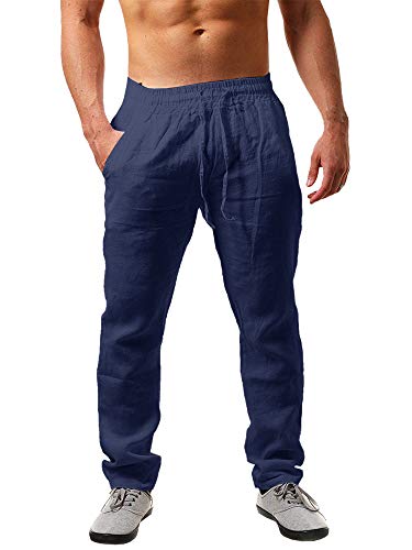 PASLTER Lässige Herren-Hose aus Leinen, lockere Passform, gerade Beine, elastischer Kordelzug, Taille, Sommer, Strand, Yoga, lange Hose, C-navy, Groß von PASLTER