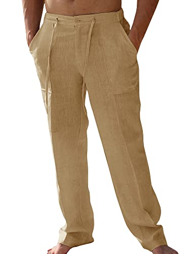 Passler Herren-Leinenhose, lockere Passform, gerades Bein, elastischer Kordelzug, für Sommer, Strand, lange Hose - - X-Groß von PASLTER