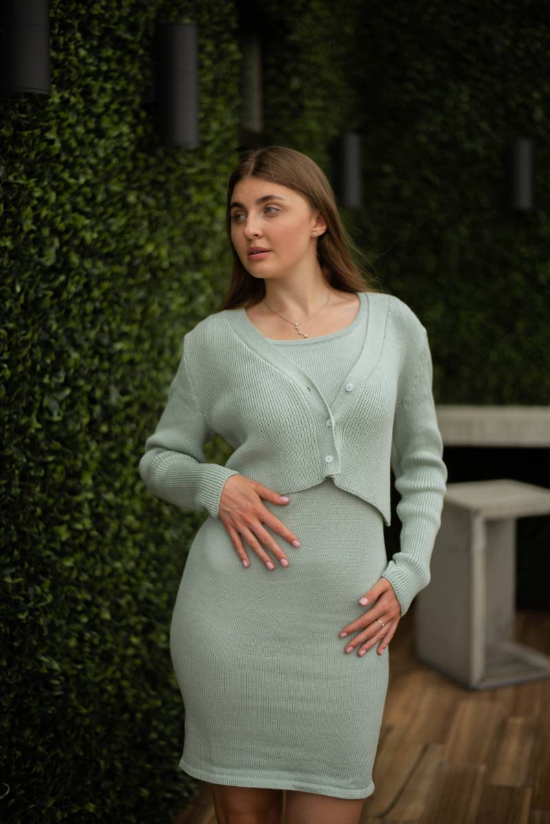 Mint Cropped Strickjacke Kleid Set Baumwolle Pullover Gemütlich Elegant Strick Leicht Handgemacht Herbst Mode Damen Strickpulloverkleider Outfit von PASMAdesign