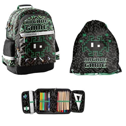 PASO 3-teiliges Schulset: Kinder Rucksack + Turnbeutel + befüllte Federmappe - Game - schwarz/grün von PASO