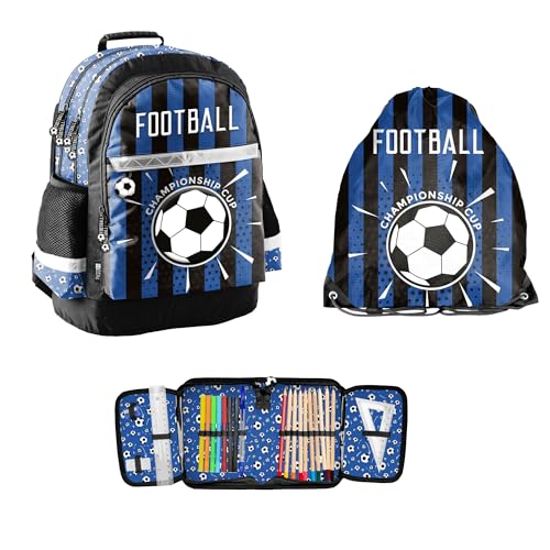 PASO 3-teiliges Schulset: Rucksack + Turnbeutel + befüllte Federmappe - Football - blau PASO 3-teiliges Schulset: Rucksack + Turnbeutel + befüllte Federmappe - Football - blau von PASO
