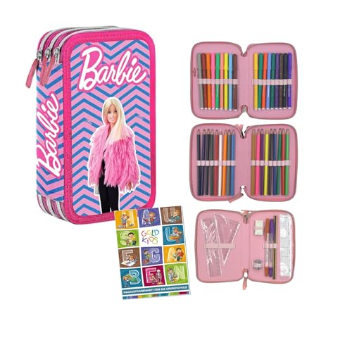 PASO - Federmäppchen 3 Fächer - Mäppchen für Mädchen - Federmappe 3-Fach Federtasche Gefüllte Schüleretui Schulmäppchen und Hausaufgabenheft - Barbie von PASO