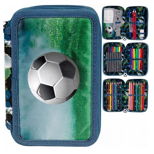 PASO- Federmäppchen 3 Fächer - Mäppchen für Mädchen - Federmappe 3-Fach Federtasche Gefüllte Schüleretui Schulmäppchen und Hausaufgabenheft - Football von PASO