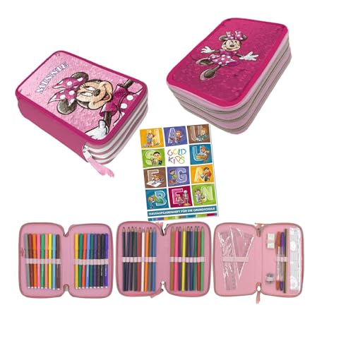 PASO - Federmäppchen 3 Fächer - Mäppchen für Mädchen - Federmappe 3-Fach Federtasche Gefüllte Schüleretui Schulmäppchen und Hausaufgabenheft - Minnie Wendepailletten von PASO