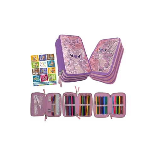 PASO - Federmäppchen 3 Fächer - Mäppchen für Mädchen - Federmappe 3-Fach Federtasche Gefüllte Schüleretui Schulmäppchen und Hausaufgabenheft - Stitch Wendepailletten von PASO