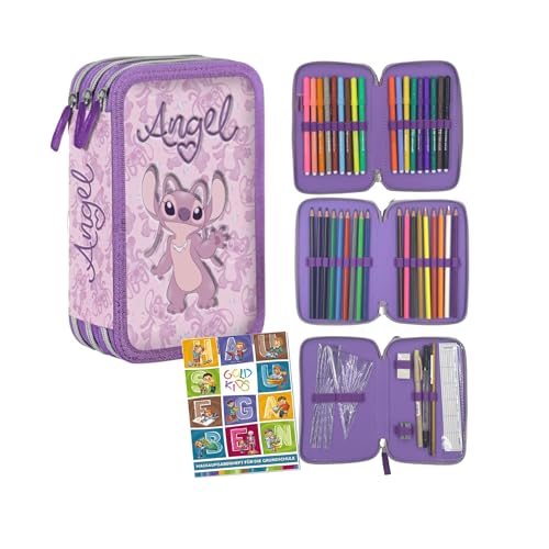 PASO - Federmäppchen 3 Fächer - Mäppchen für Mädchen - Federmappe 3-Fach Federtasche Gefüllte Schüleretui Schulmäppchen und Hausaufgabenheft - Stitch von PASO