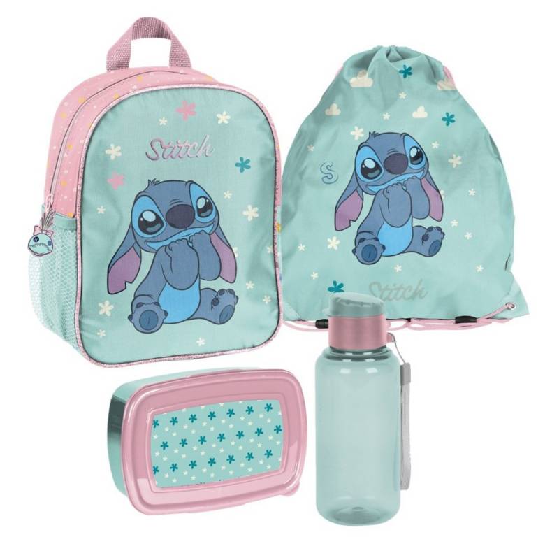 PASO Kindergartentasche Disney Stitch für Mädchen (Set, 4-tlg., inkl. Turnbeutel, Brotdose und Trinkflasche), Mädchen Rucksack Set in Türkis Rosa mit Disney Stitch von PASO