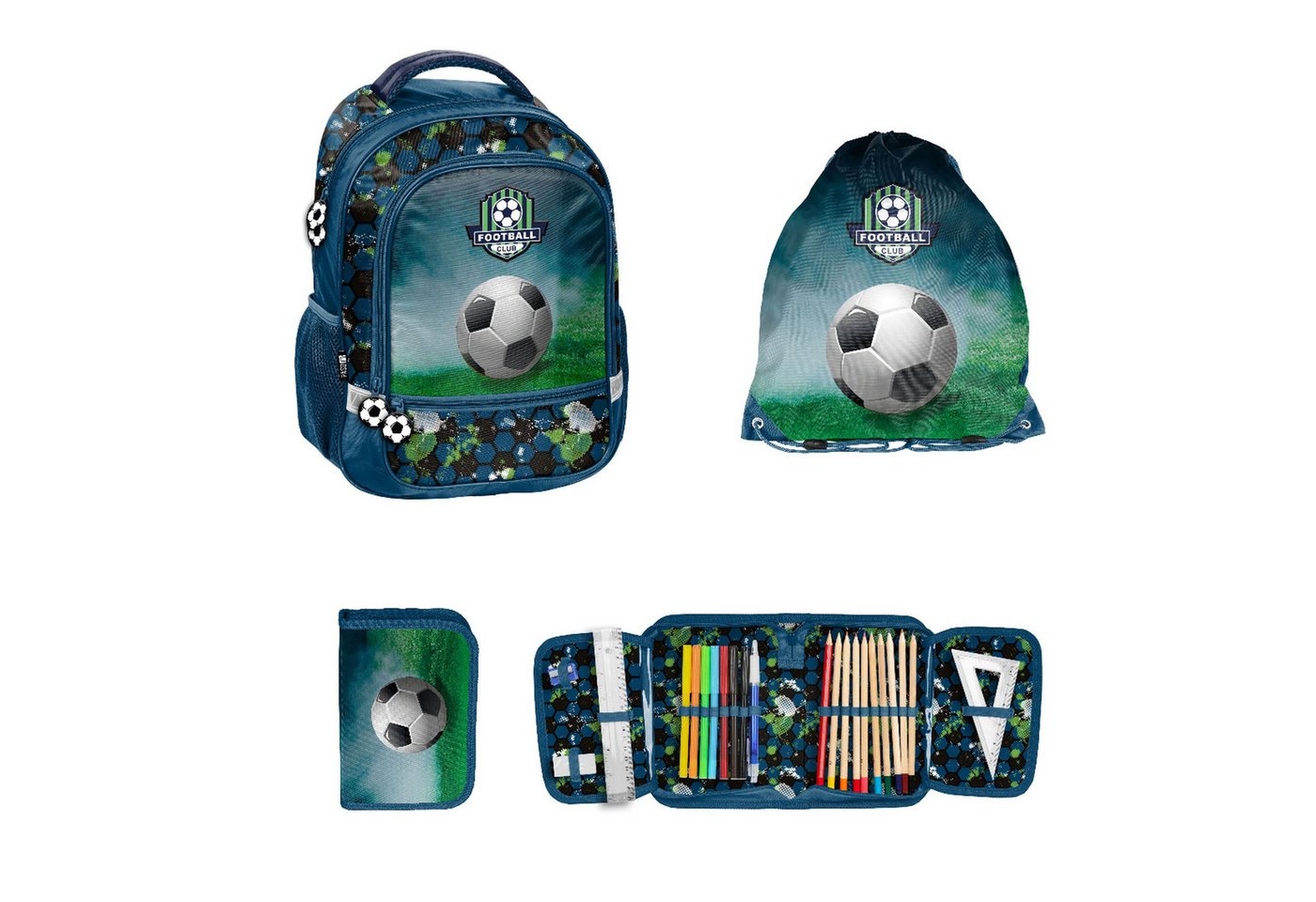 PASO Kinderrucksack mit Turnbeutel & befüllter Federmappe - FUSSBALL - Football Club (3-teilig) von PASO