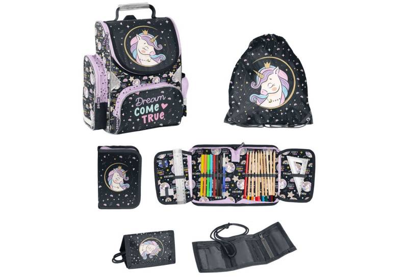 PASO Schulranzen (Set, 4-Tlg), Mit Turnbeutel, Federmappe & Portemonnaie - Unicorn - Schwarz von PASO